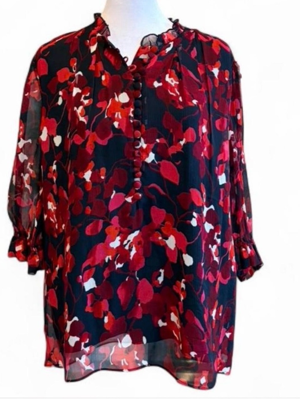 The Fold Red Floral 100% Silk Button-Front Top